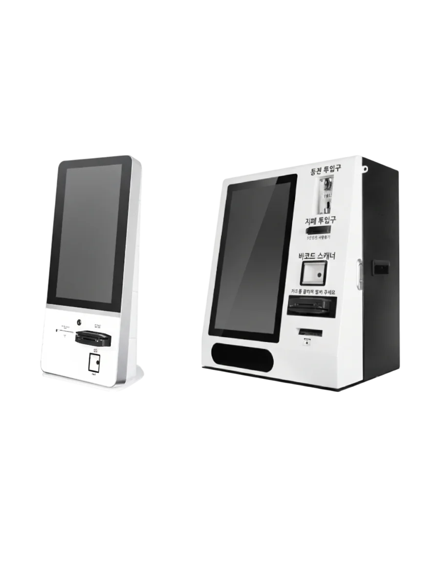 다양한 업종에 설치된 흰색 텔리젠 키오스크 주문 시스템